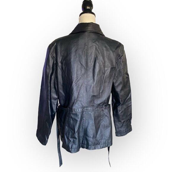 💛 Jacqueline Ferrar Leather Jacket w Waist Tie Button Up Woman’s Size L Black - Picture 3 of 7